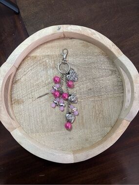 Pink Beaded Heart Charm Keychain